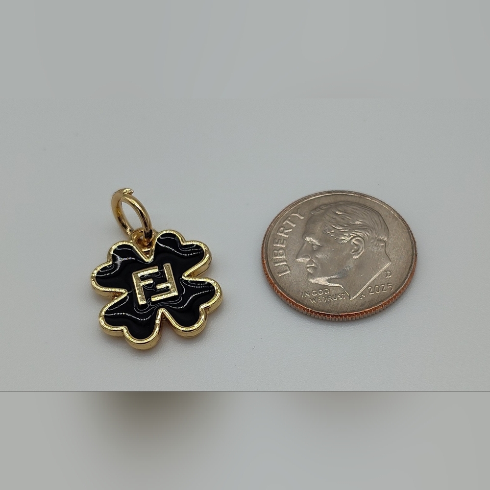 FENDI Black Enamel Clover Charm Gold Tone FF Logo Pendant - Picture 2 of 3
